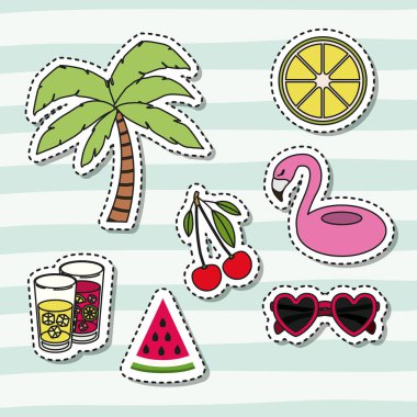 tropikal öğeleri ve palmiye ve flamingo kayan nokta ile meyve toplama renk arka plan dekoratif satırlarında ayarlamak