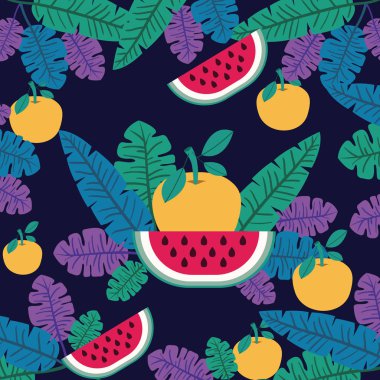 karpuz ve portakal meyve toplama yaprakları desende dekoratif satırlarında renk arka plan ayarlamak