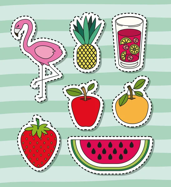 热带元素和果子与饮料和火烈鸟鸟集合装饰线颜色背景 — 图库矢量图片