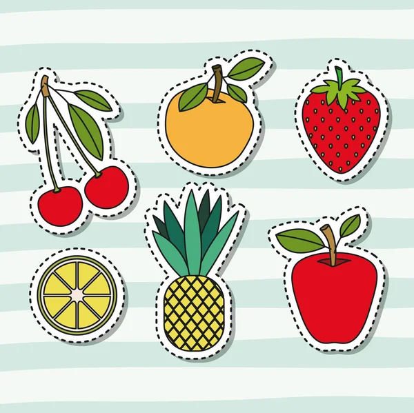 Frutas coleção conjunto em linhas decorativas fundo de cor — Vetor de Stock