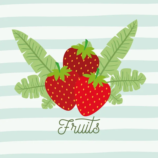 Fraises fruits avec des feuilles sur fond de lignes décoratives couleur — Image vectorielle