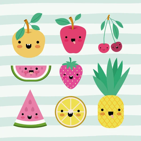 Colección de conjuntos de frutas kawaii en líneas decorativas fondo de color — Vector de stock