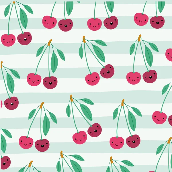 Cherries kawaii fruits pattern set on decorative lines color background — Stock Vector