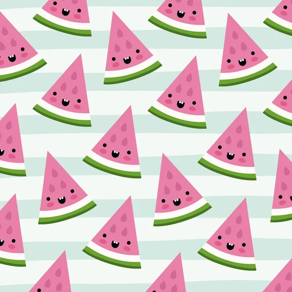 Melon d'eau triangle tranche kawaii fruits modèle mis sur fond de couleur lignes décoratives — Image vectorielle