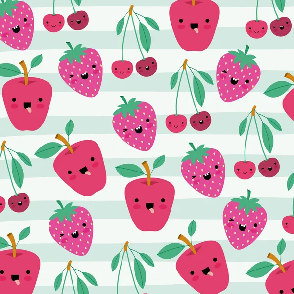 Apple cherries and strawberries kawaii fruits pattern set with face expression on decorative lines color background — Stock Vector