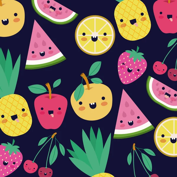 Kawaii fruits pattern set with face expression on dark blue color background — Stock Vector