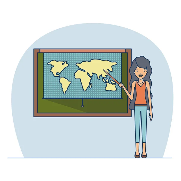 Lehrerin mit welligen langen Haaren auf Klassenzimmer mit Kreidetafel mit Weltkarte — Stockvektor