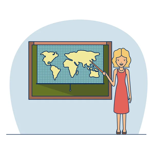Lehrerin mit blondierten kurzen Haaren auf Klassenzimmer mit Tafel mit Weltkarte — Stockvektor