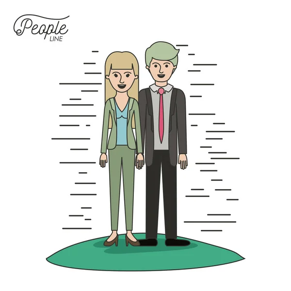 漫画夫妇人线男人和女人直发站在白色背景草正式衣服 — 图库矢量图片
