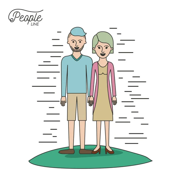 Karikatura pár lidí lemují ležérní oblečení člověk moderní účes a žena s rovný účes stojí s šaty v trávě na bílém pozadí — Stockový vektor
