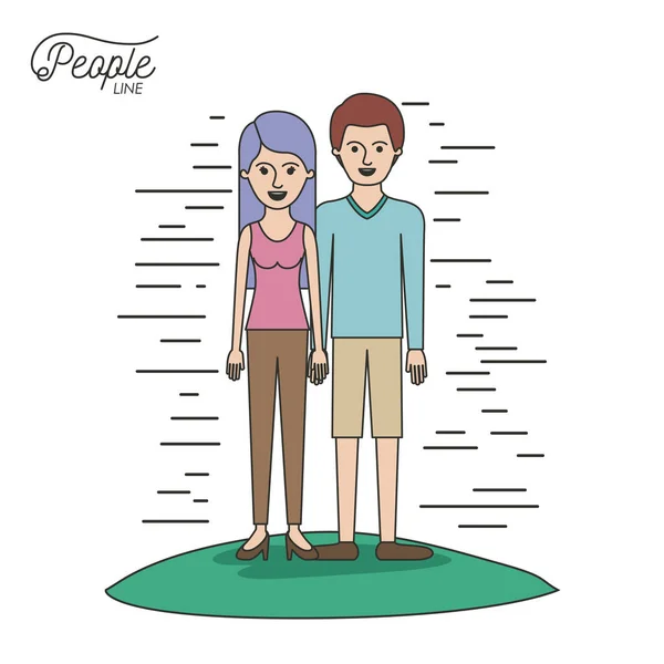 Karikatura pár lidí lemují žena v blůzu a kalhoty s dlouhými vlasy na stranu a muž stojící ležérní oblečení v trávě na bílém pozadí — Stockový vektor