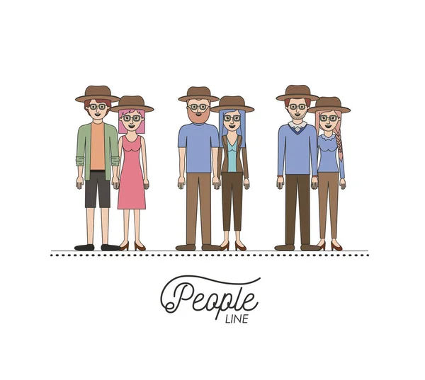 Caricatura pareja personas línea conjunto con ropa casual y sombreros de pie sobre fondo blanco — Vector de stock