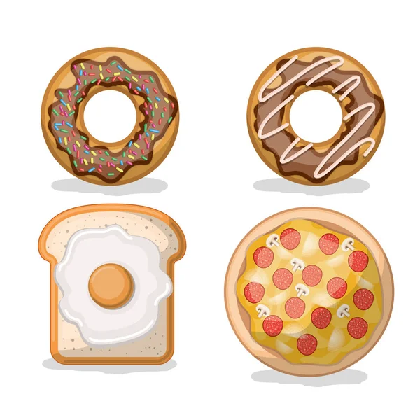 Donut und Brot mit Spiegelei und Pizza vor weißem Hintergrund — Stockvektor