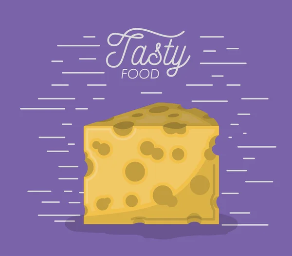 Porción de queso en sabroso cartel de comida en fondo púrpura — Vector de stock