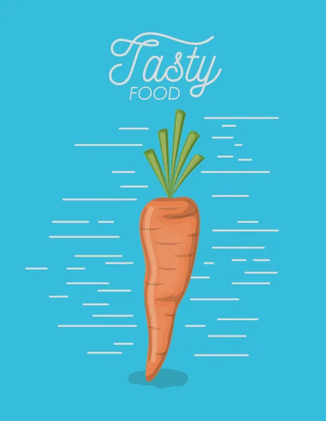 胡萝卜在美味的食物海报在蓝色背景 — 图库矢量图片