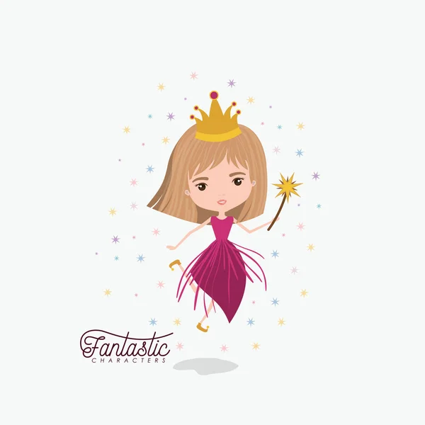 Принцесса фея фантастический характер с короной и волшебной палочкой красочные искры и звезды на белом фоне — стоковый вектор