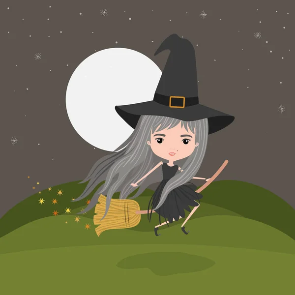 Cute witch fantastic character flying with broom in mountain night landscape background — Stock Vector