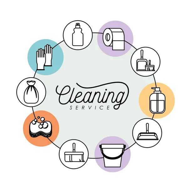 Elementos de servicio de limpieza alrededor de silueta de color marcos circulares sobre fondo blanco — Vector de stock