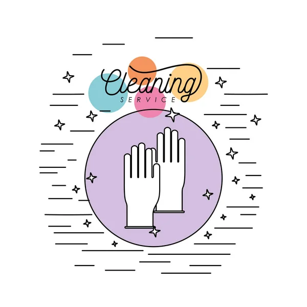 Gloves cleaning service silhouette in circular frame with color bubbles and decorative stars and lines on white background — Stock Vector