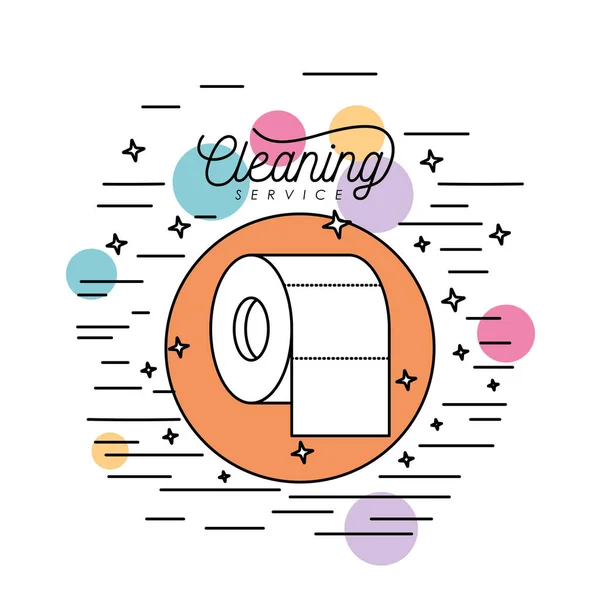 Silhouette de service de nettoyage de papier toilette dans un cadre circulaire avec des bulles de couleur et des étoiles décoratives et des lignes sur fond blanc — Image vectorielle