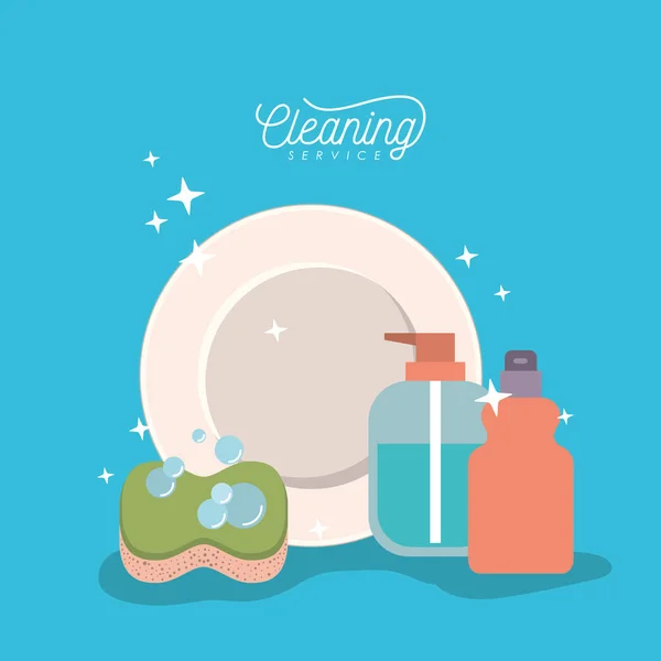 Dish and elements cleaning service on color background — Stock Vector