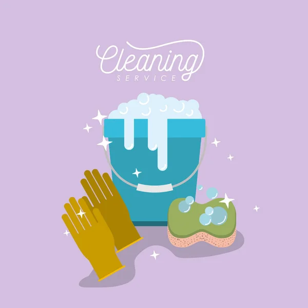 石けんとスポンジ清掃サービス色の背景上の手袋とバケツ — ストックベクタ