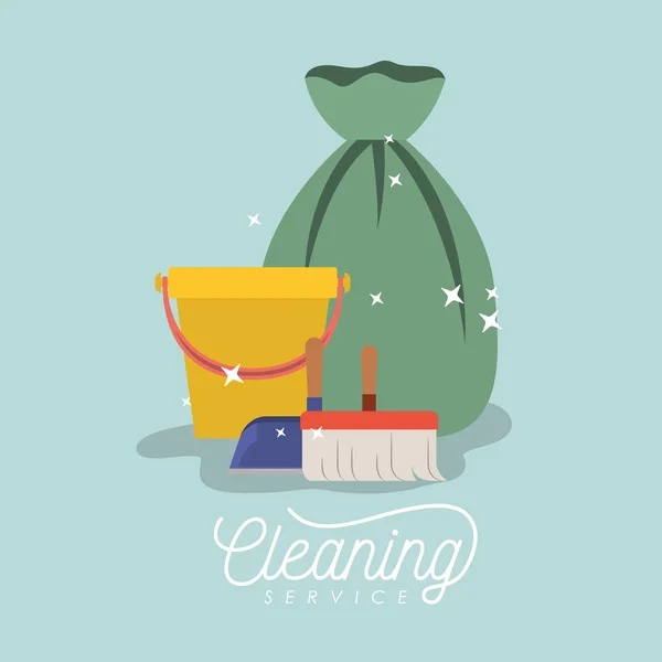 Scrub βούρτσα και σκόνης τηγάνι κάδο και τα σκουπίδια τσάντα υπηρεσία καθαρισμού σε χρώμα φόντου — Διανυσματικό Αρχείο