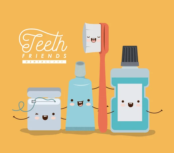 Dientes amigos cuidado dental kawaii conjunto con diferente expresión en cartel de color — Vector de stock