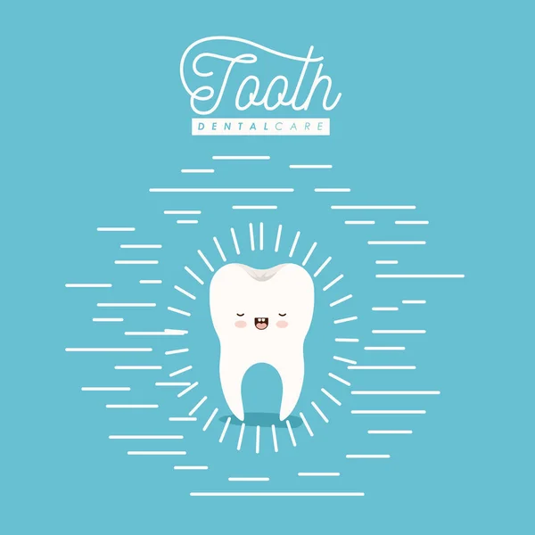Zahn-Zahnpflege-Kawaii-Karikatur mit geschlossenen Augen und lächelndem Ausdruck auf Farbposter mit Linien — Stockvektor