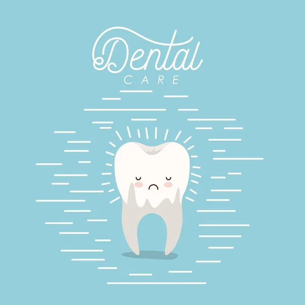 Kawaii karikaturu zubní kaz v kořenovém adresáři zubní zubní péče se smutným výrazem na barevný plakát s linkami — Stockový vektor