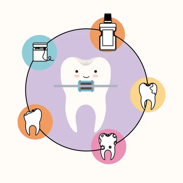 Karikatur Zahn mit Zahnspange Zahnpflege mit Glücksausdruck mit runden Rahmen Symbole Zahnpflege auf weißem Hintergrund — Stockvektor