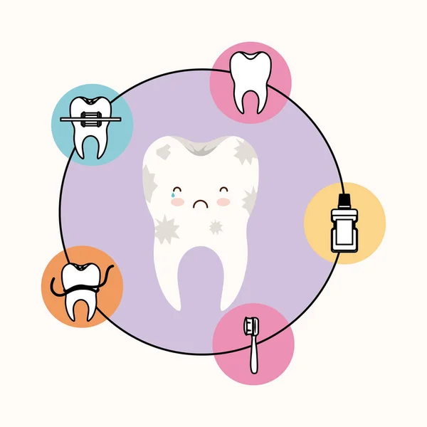 Kawaii Karikatur schmutzige Zahnpflege mit traurigem und weinendem Gesichtsausdruck mit runden Rahmen-Symbolen Zahnpflege auf weißem Hintergrund — Stockvektor
