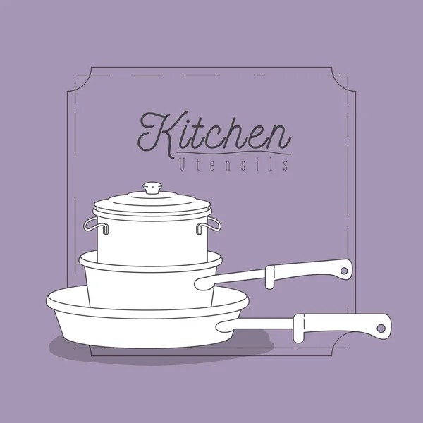 Color lila fondo con marco decorativo vintage y set silueta pila de ollas y sartenes utensilios de cocina — Vector de stock