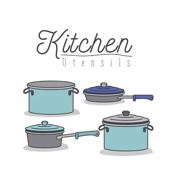 Fundo branco com conjunto colorido de panelas de cozinha e panelas com tampas utensílios de cozinha —  Vetores de Stock