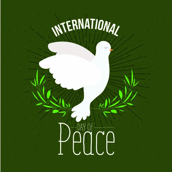 Cartaz verde com faíscas e vista lateral símbolo de paz de pombo com brilho linear e coroa de folhas — Vetor de Stock