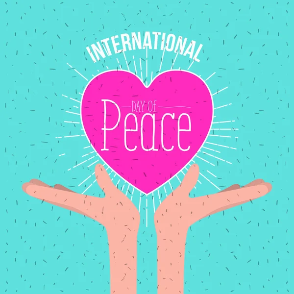 Fondo de color con las manos sosteniendo un símbolo del corazón y texto día internacional de la paz con brillo lineal — Archivo Imágenes Vectoriales