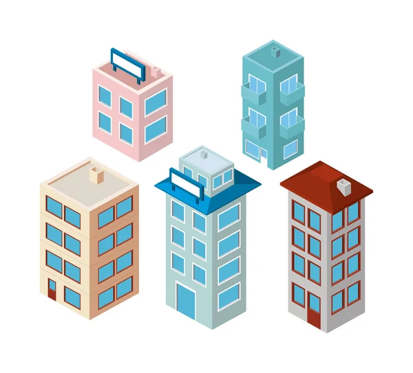 Mini set buildings isometric icons — Stock Vector