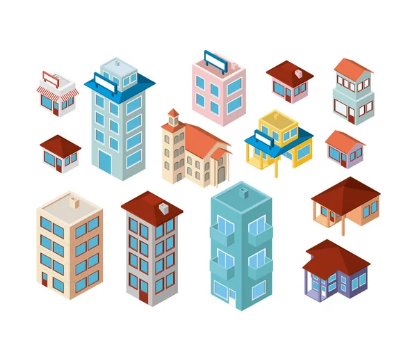 Mini set buildings isometric icons — Stock Vector