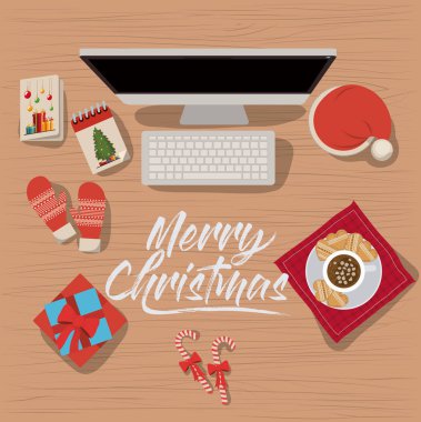 Noel masaüstü bilgisayar sahnede dekorasyon ve hediyeler ile Üstten Görünüm