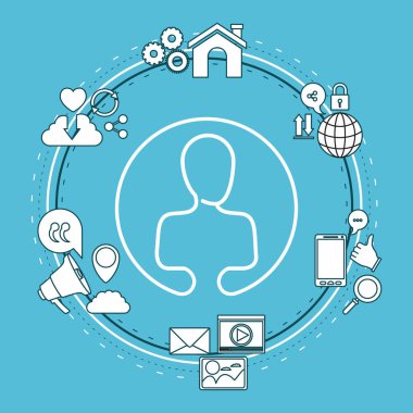 Tech dairesel çerçeve renk arka plan paylaşmak Internet simge ve portre siluet erkek şekli