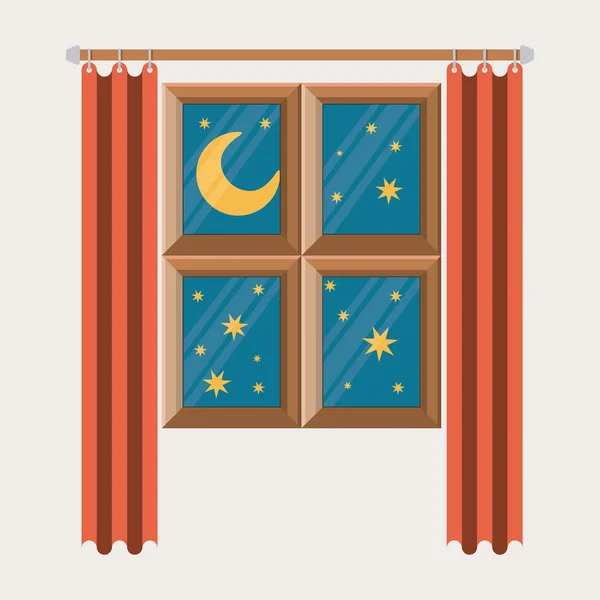Cor fundo da janela do quarto com cortina e paisagem noturna — Vetor de Stock