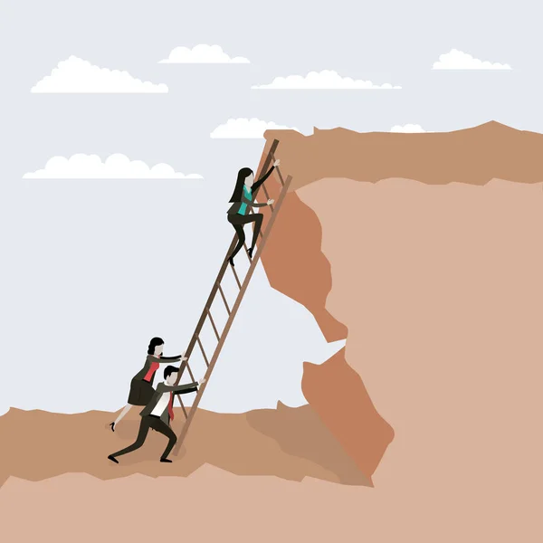 Barevné scény skalní krajina s podnikatelé se snaží vyšplhat po schodech na vrchol — Stockový vektor