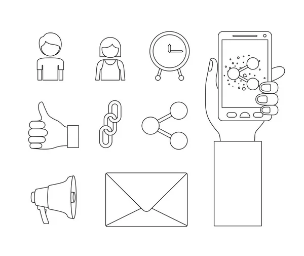 Fondo blanco de la tecnología de silueta compartir elementos iconos y mano de primer plano sosteniendo un dispositivo de teléfono inteligente — Archivo Imágenes Vectoriales