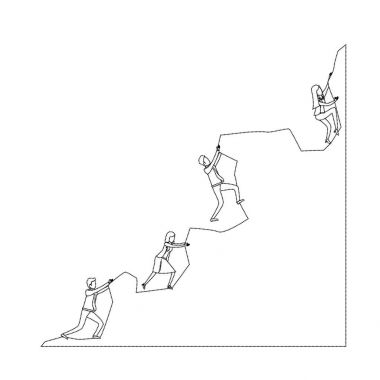 kaya tek renkli siluet noktalı tepesine tırmanmaya çalışan iş insanlar grubu