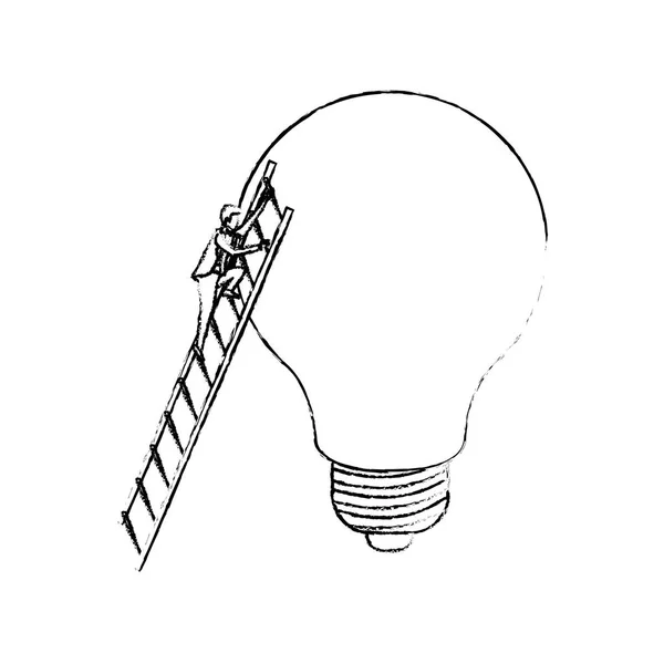 Empresário subir escadas de madeira em uma grande silhueta lâmpada borrada monocromático —  Vetores de Stock