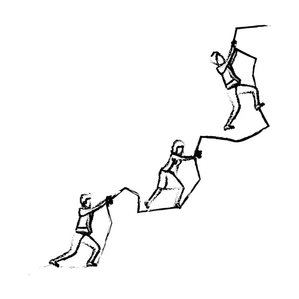 Hommes d'affaires essayant de grimper au sommet de la silhouette de montagne de roche floue monochrome — Image vectorielle