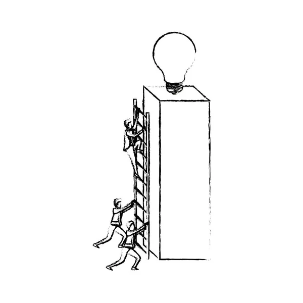 Hombres de negocios subiendo escaleras de madera en un gran bloque rectangular con bombilla en la silueta superior borrosa monocromo — Vector de stock