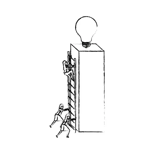 Empresarias subiendo escaleras de madera en un gran bloque rectangular con bombilla en la silueta superior borrosa monocromo — Vector de stock