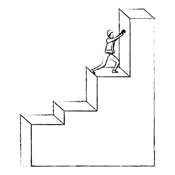 Hombre de negocios empujando la estructura del bloque de escalera con bombilla en la silueta superior borrosa monocromo — Vector de stock