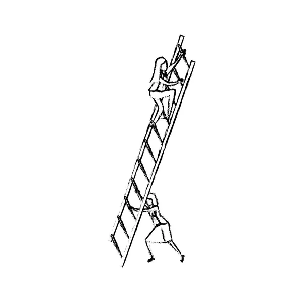 Ahşap merdiven siluet tırmanma iş kadınları tek renkli bulanık — Stok Vektör